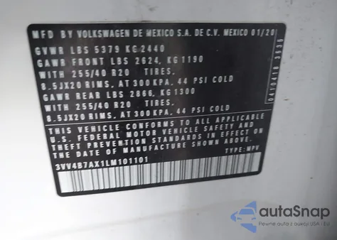 2020 Volkswagen Tiguan 2.0T Sel Premium R-Line из США, поврежденный, VIN 3VV4B7AX1LM101101